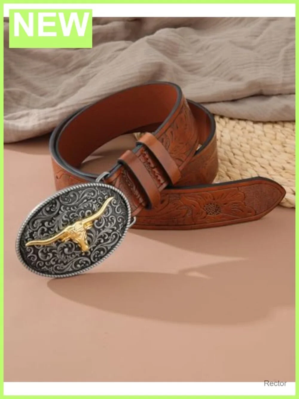 Vintage Western Cowgirl Belt Embossed PU Leather Bull Buckle Adjustable